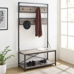 72" Industrial Farmhouse Metal And Wood Hall Tree Gray Wash - Saracina Home