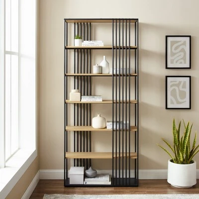 79" Modern 6 Shelf with Metal Bar Bookcase Coastal Oak/Black - Saracina Home 79" Modern 6 Shelf With Metal Bar Bookcase Coastal Oak/Black - Saracina Home -Saracina Home Shop GUEST 03b6b14d 2b21 499f 860f 2782f5320208
