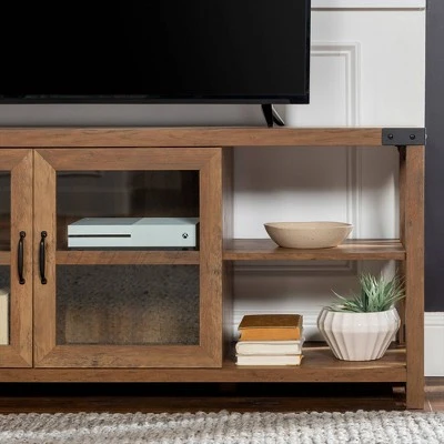 Sophie Rustic Farmhouse X Frame Glass Doors TV Stand for TVs up to 80" Rustic Oak - Saracina Home Sophie Rustic Farmhouse X Frame Glass Doors TV Stand For TVs Up To 80" Rustic Oak - Saracina Home -Saracina Home Shop GUEST 08461d43 c3a2 4df9 90e5 c2fd20627359
