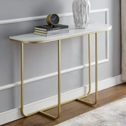 Megan Modern Glam Curved Console Table Faux White Marble/Gold - Saracina Home