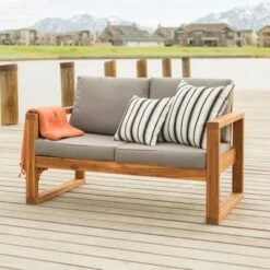 Galia Square Leg Acacia Wood Patio Loveseat With Cushions - Brown - Saracina Home -Saracina Home Shop GUEST 0cc2d0f3 47e5 4caf 8193 f03c8bb693e4