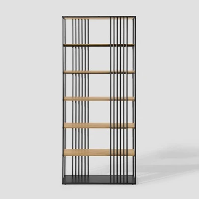 79" Modern 6 Shelf with Metal Bar Bookcase Coastal Oak/Black - Saracina Home 79" Modern 6 Shelf With Metal Bar Bookcase Coastal Oak/Black - Saracina Home -Saracina Home Shop GUEST 10748008 39ee 4721 929f b7239ed78e10