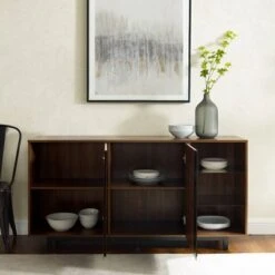 Shing Modern Striped Door 60" Sideboard With Glass Shelves Dark Walnut - Saracina Home