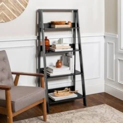 55" Thatcher Transitional Wood 4 Shelf Ladder Bookshelf - Saracina Home