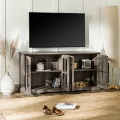 Avalene Modern Farmhouse 4 Door Glass Window Pane TV Stand For TVs Up To 65" - Saracina Home