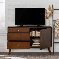 Mid-Century Modern With Closed Storage TV Stand For TVs Up To 58" Walnut - Saracina Home -Saracina Home Shop GUEST 272c04f3 ea07 453c 9824 8666892ac8d7