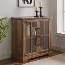 Avalene Modern Farmhouse 2 Door Glass Windowpane Accent Cabinet Rustic Oak - Saracina Home
