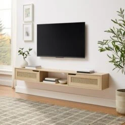 Modern Boho Floating TV Stand For TVs Up To 80" With Rattan Doors Coastal Oak - Saracina Home