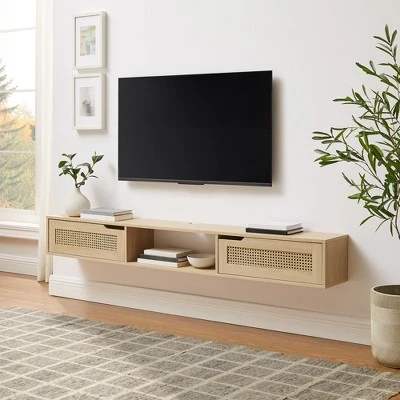 Modern Boho Floating TV Stand for TVs up to 80" with Rattan Doors Coastal Oak - Saracina Home Modern Boho Floating TV Stand For TVs Up To 80" With Rattan Doors Coastal Oak - Saracina Home -Saracina Home Shop GUEST 421d3a4a 21a3 4567 a5ef dbbb1a4247e2