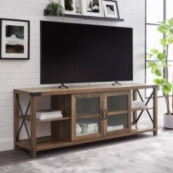 Sophie Rustic Farmhouse X Frame Glass Doors TV Stand For TVs Up To 80" Rustic Oak - Saracina Home