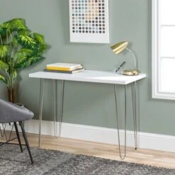 Gibby Modern Glam Hairpin Leg Writing Desk Faux White Marble - Saracina Home