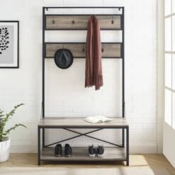 72" Industrial Farmhouse Metal And Wood Hall Tree Gray Wash - Saracina Home -Saracina Home Shop GUEST 4d472d80 59c1 42fa 9d8e 29156a81b82d