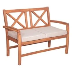 Acacia Wood X-Back Love Seat With Cushions Brown - Saracina Home