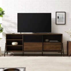Modern Industrial Metal Mesh Sliding Door TV Stand For TVs Up To 80" Dark Walnut - Saracina Home