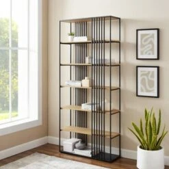 79" Modern 6 Shelf With Metal Bar Bookcase Coastal Oak/Black - Saracina Home 8 79" Modern 6 Shelf With Metal Bar Bookcase Coastal Oak/Black - Saracina Home -Saracina Home Shop GUEST 580da7b7 bf2c 4019 a857 4f6cb5a3be71