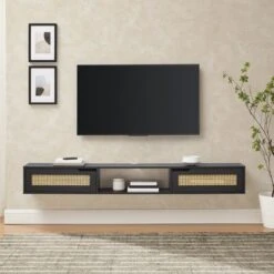 Modern Boho Floating TV Stand For TVs Up To 80" With Rattan Doors Black - Saracina Home -Saracina Home Shop GUEST 58fdc6f0 e9b9 4082 a662 323e7f55b413