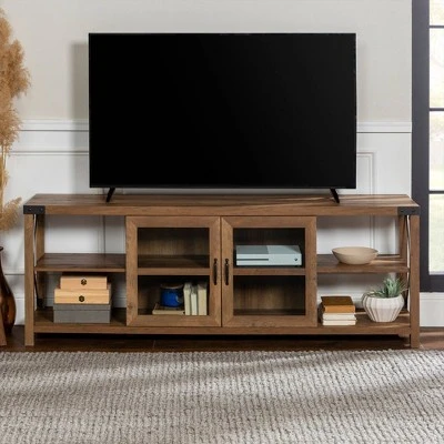 Sophie Rustic Farmhouse X Frame Glass Doors TV Stand for TVs up to 80" Rustic Oak - Saracina Home Sophie Rustic Farmhouse X Frame Glass Doors TV Stand For TVs Up To 80" Rustic Oak - Saracina Home -Saracina Home Shop GUEST 591b94bc 31db 4bc2 b040 d2578c8b0269
