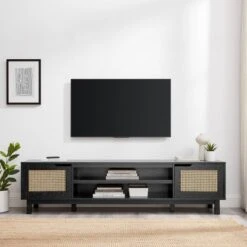 Modern Boho Storage TV Stand For TVs Up To 80" With Rattan Doors - Saracina Home -Saracina Home Shop GUEST 5c1b310a 0bb4 44fe 84a8 c9e420b2a9df
