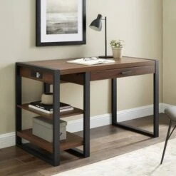 48" Industrial Farmhouse Tech Desk With USB Dark Walnut - Saracina Home