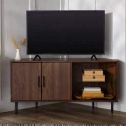 Contemporary Corner TV Stand For TVs Up To 55" Dark Walnut - Saracina Home -Saracina Home Shop GUEST 685cd0fc fad2 488e b81b 039d9f9dd8f6