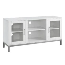 Pierceton Modern Double Glass Door With Metal Legs TV Stand For TVs Up To 58" White - Saracina Home 4 Pierceton Modern Double Glass Door With Metal Legs TV Stand For TVs Up To 58" White - Saracina Home -Saracina Home Shop GUEST 6c1695e0 ee21 4ea2 b54c a3360548366f