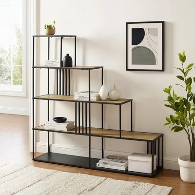 55.5" Modern 4 Shelf with Metal Bar Room Divider Bookcase Coastal Oak/Black - Saracina Home 55.5" Modern 4 Shelf With Metal Bar Room Divider Bookcase Coastal Oak/Black - Saracina Home -Saracina Home Shop GUEST 71d9f044 a019 4b83 b8c8 118205910759