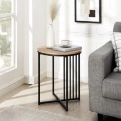 Modern Metal Bar Round Side Table Coastal Oak/Black ­ Saracina Home
