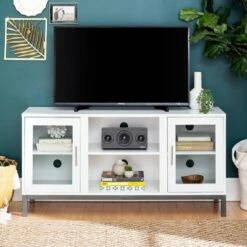 Pierceton Modern Double Glass Door With Metal Legs TV Stand For TVs Up To 58" White - Saracina Home 8 Pierceton Modern Double Glass Door With Metal Legs TV Stand For TVs Up To 58" White - Saracina Home -Saracina Home Shop GUEST 929be342 b4dd 40d9 ac7e 102860112a8d