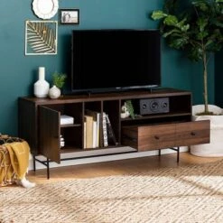 Modern Vinyl Record Player Storage TV Stand For TVs Up To 65" Dark Walnut - Saracina Home -Saracina Home Shop GUEST 98d6a861 7091 418c 9351 ed4df69ef1a9