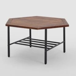 Saybrook Modern Metal And Wood Patio Hexagon Coffee Table - Dark Brown - Saracina Home -Saracina Home Shop GUEST aa3b7989 fc19 47ae 8c0b d2f6279675a2