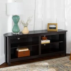 Transitional 4 Cubby Wood Open Storage Corner TV Stand For TVs Up To 65" - Saracina Home