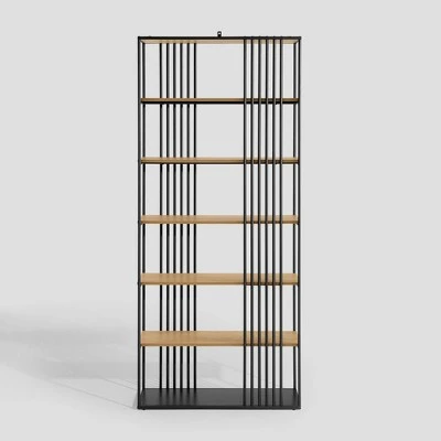 79" Modern 6 Shelf with Metal Bar Bookcase Coastal Oak/Black - Saracina Home 79" Modern 6 Shelf With Metal Bar Bookcase Coastal Oak/Black - Saracina Home -Saracina Home Shop GUEST c1524d0f 09b5 429f 8c7f 80ab8daf93ad