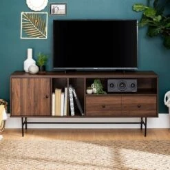 Modern Vinyl Record Player Storage TV Stand For TVs Up To 65" Dark Walnut - Saracina Home -Saracina Home Shop GUEST c245122e dd5d 4d54 a0cb 38407b4e1d66