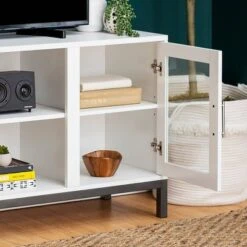 Pierceton Modern Double Glass Door With Metal Legs TV Stand For TVs Up To 58" White - Saracina Home 6 Pierceton Modern Double Glass Door With Metal Legs TV Stand For TVs Up To 58" White - Saracina Home -Saracina Home Shop GUEST cd8100c3 ed88 450c a14a ba50adbd04eb