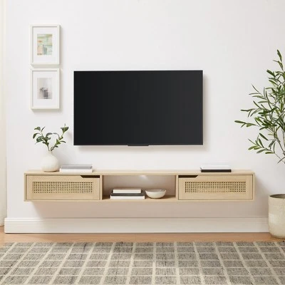 Modern Boho Floating TV Stand for TVs up to 80" with Rattan Doors Coastal Oak - Saracina Home Modern Boho Floating TV Stand For TVs Up To 80" With Rattan Doors Coastal Oak - Saracina Home -Saracina Home Shop GUEST cdeb4d3e c8db 482f bceb 3f6259779594