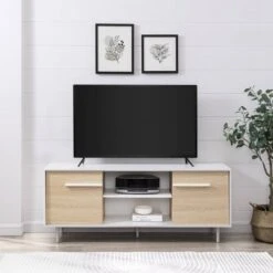 Modern 2 Door TV Stand For TVs Up To 65" Solid White/Coastal Oak/White - Saracina Home -Saracina Home Shop GUEST d6237cf6 7faf 4a9a ab9d 1f1963b17cb5