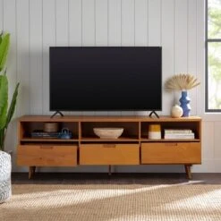 Cara 3 Drawer Mid-Century Modern 3 Drawer TV Stand For TVs Up To 80" - Saracina Home