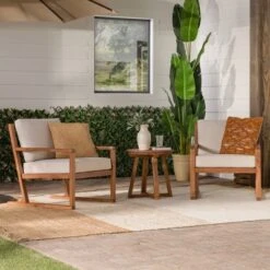 Saracina Home 3pc Modern Slat-Back Acacia Outdoor Conversation Set With Cushions