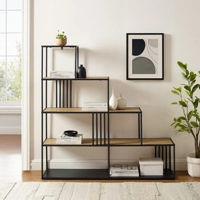 55.5" Modern 4 Shelf with Metal Bar Room Divider Bookcase Coastal Oak/Black - Saracina Home 55.5" Modern 4 Shelf With Metal Bar Room Divider Bookcase Coastal Oak/Black - Saracina Home -Saracina Home Shop GUEST ff8583d8 c2d0 4089 80f3 9989cffa9fdf